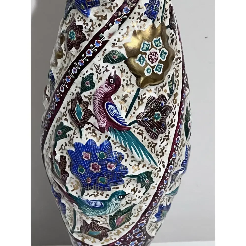 Vintage Antique Iznik Minakari Enameled Birds And Floral Decorations Copper Vase